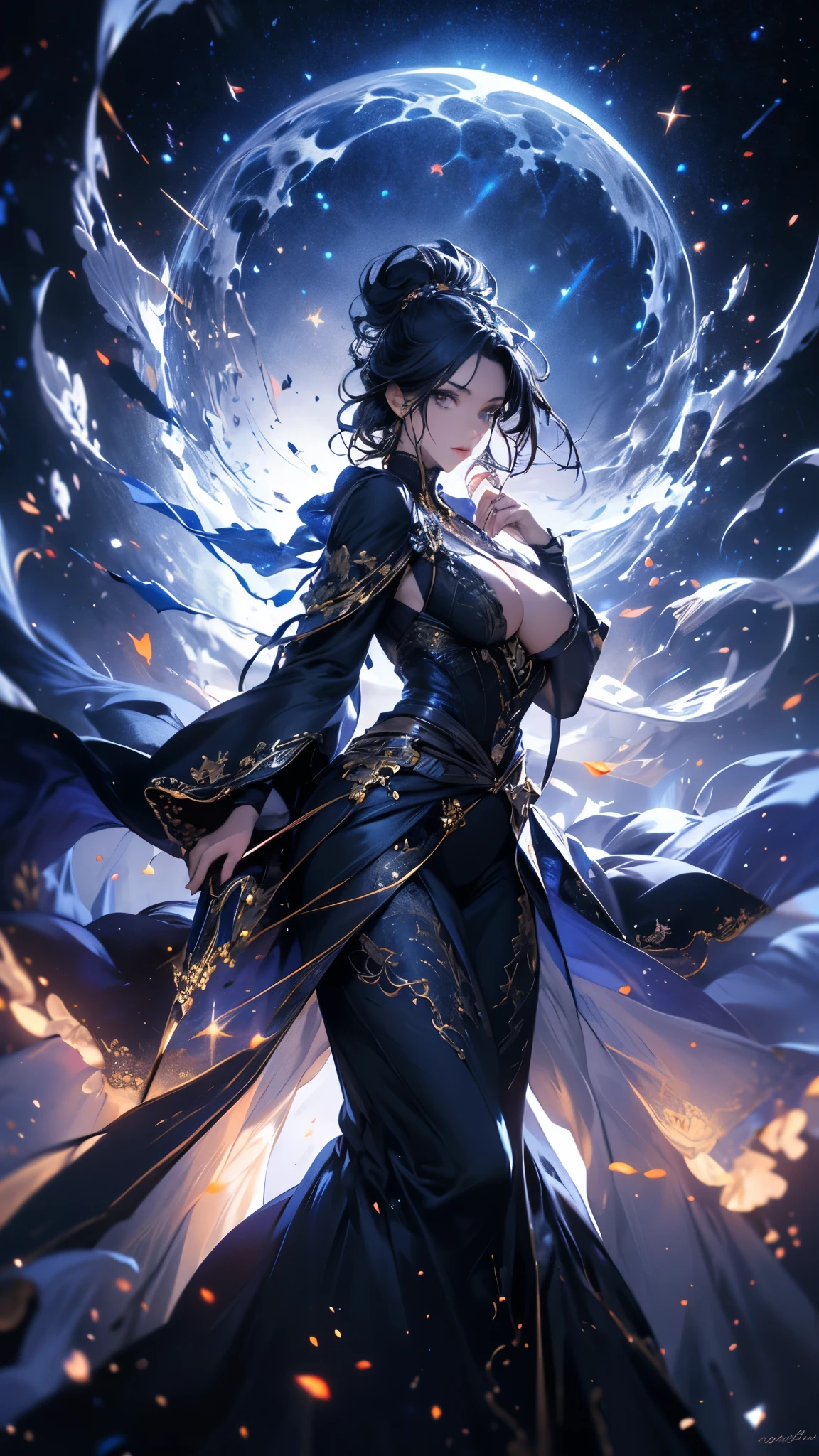 masterpiece, high quality, 4K, Beautiful design, silhouette,bionde, Highly Detailed Starry Sky at Night,Flower Field, wonderful, Finer details, Very knowledgeable woman, Highly detailed solo, 1 female,Big Breasts,magic,Magic User,Night view,Starry Sky,full moon,