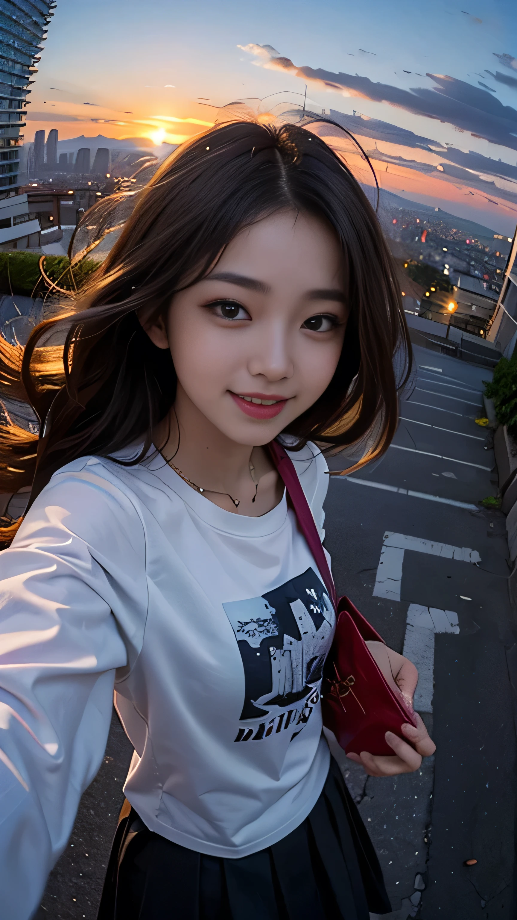 One girl, Korean, Fisheye Lens, Selfie, Wind, Messy Hair, sunset, Cityscape, (Aesthetics and atmosphere:1.2),smile
