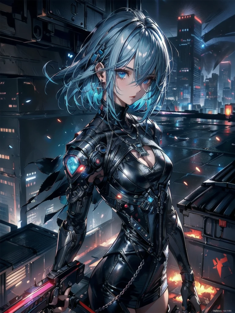 absurdists, RAW Photos, Very delicate and beautiful, masterpiece, Highest quality, Ultra-high resolution, 32K, surreal, Very detailed, cyberpunk world、20-year-old, Delicate facial features,, Earrings, Medium chest, Full Body Shot, Shorten the middle part of the hair, Beautiful Blue Hair, , short Hairstyles、Cyber Tech Suit with realistic texture、The fabric is thin,City background.(night、Rooftop of a burning building:1.5)
Hair in front of eyes, Blue Hair/Light blue hair, Hair that falls over the shoulders, (Carrying a weapon、have a weapons:1.2)(Silver Necklace)(Chest、Waist、The thigh area is translucent.:1.3)