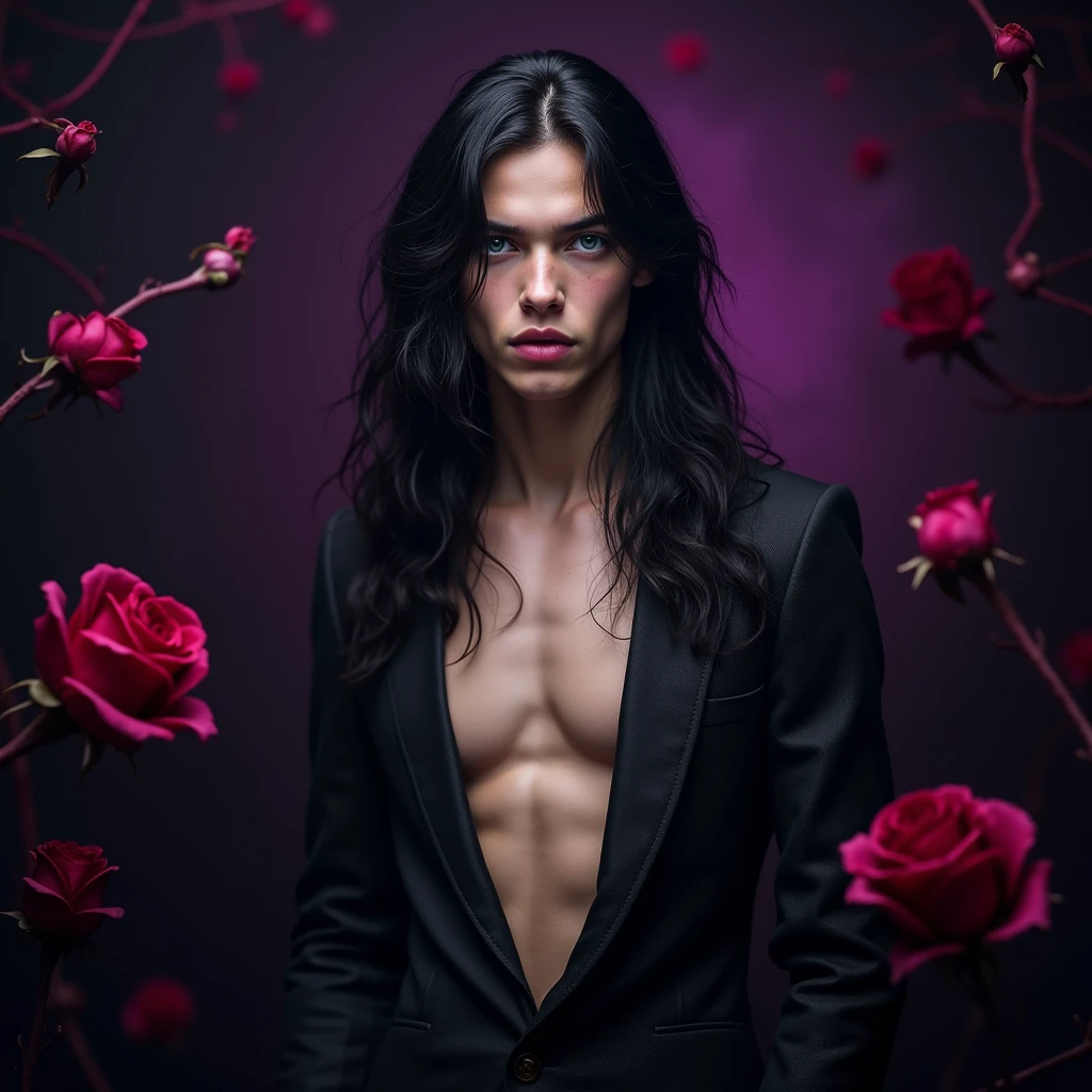 Male, sexy, long black hair, teal blue eyes, young, gothic, delicate features, no facial hair, no body hair, seductive, white and pale. Roses. Sexy pose. Purple and black. Sexy. Sexy pose. Seductive. Sensual. Mole under the left eye. He's the prince of Lust and desire. No facial hair. No body hair. 