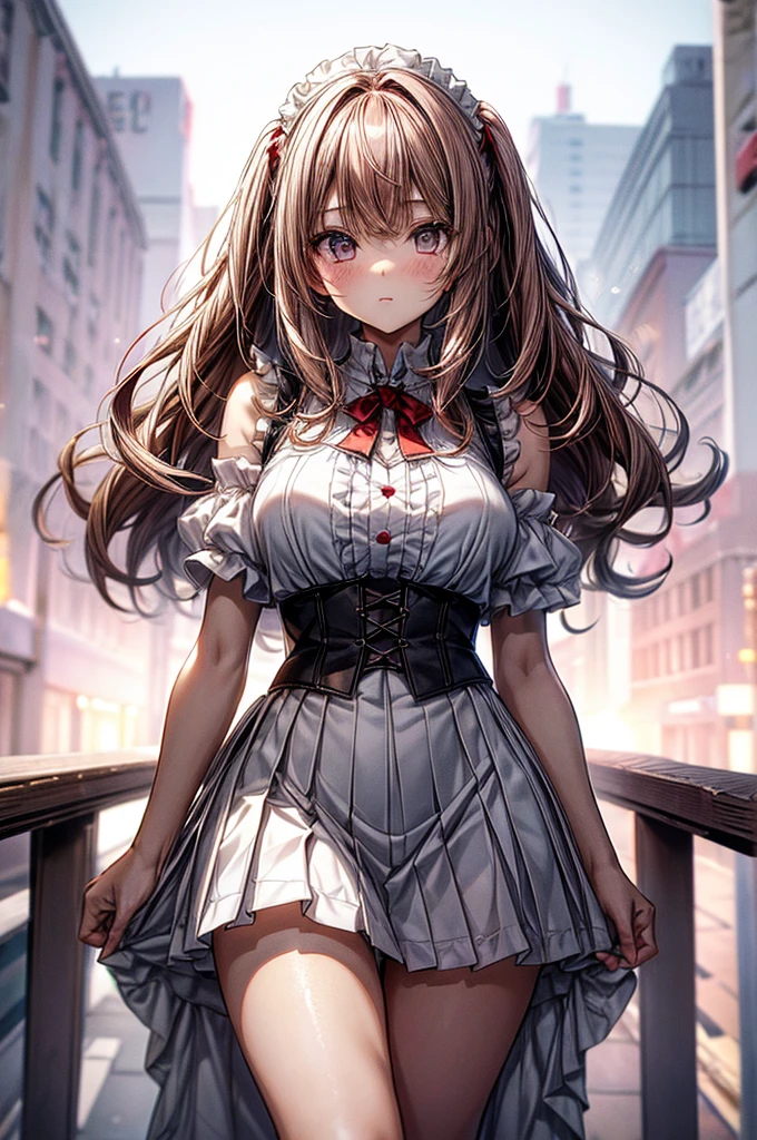 ((best quality)) ((best quality)), ((masterpiece)), (detailed), 4k image, anime style, beautiful young girl, teenage girl, tanned white skin skin, symmetrical face, beautiful young girl, tanned white skin, waist-length red hair(white highlights), soft facial features, peach colored eyes, off shoulder blouse, Pleated A-line skirt, cherry red plump lips, large EE-cup breasts, short height(150cm). wide hips and large round ass, thick yet slender body