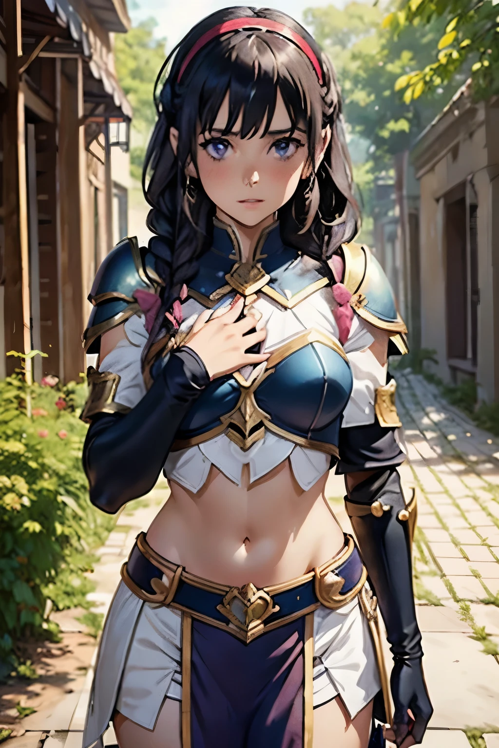 lapis fe, 1girl, solo, looking at viewer, blush, bangs, gloves, upper body, braid, hairband, outdoors, parted lips, sky, day, hand up, pink eyes, armor, tree, covered navel, blurry background, hand on own chest, shoulder armor, side braid, breastplate, red armor