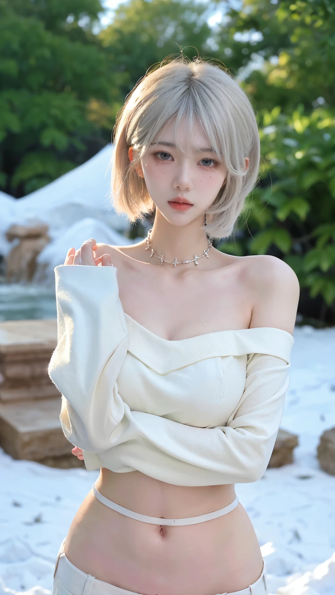 Beautiful woman with perfect figure:1.4、snow、Touching butt with both hands、snow背景、Layered Hairstyle、Fair skin、Cleavage highlights、Pleated Skirt、whole body、The face and skin texture are very fine.、black，Double eyelids、Skin Whitening、White hair