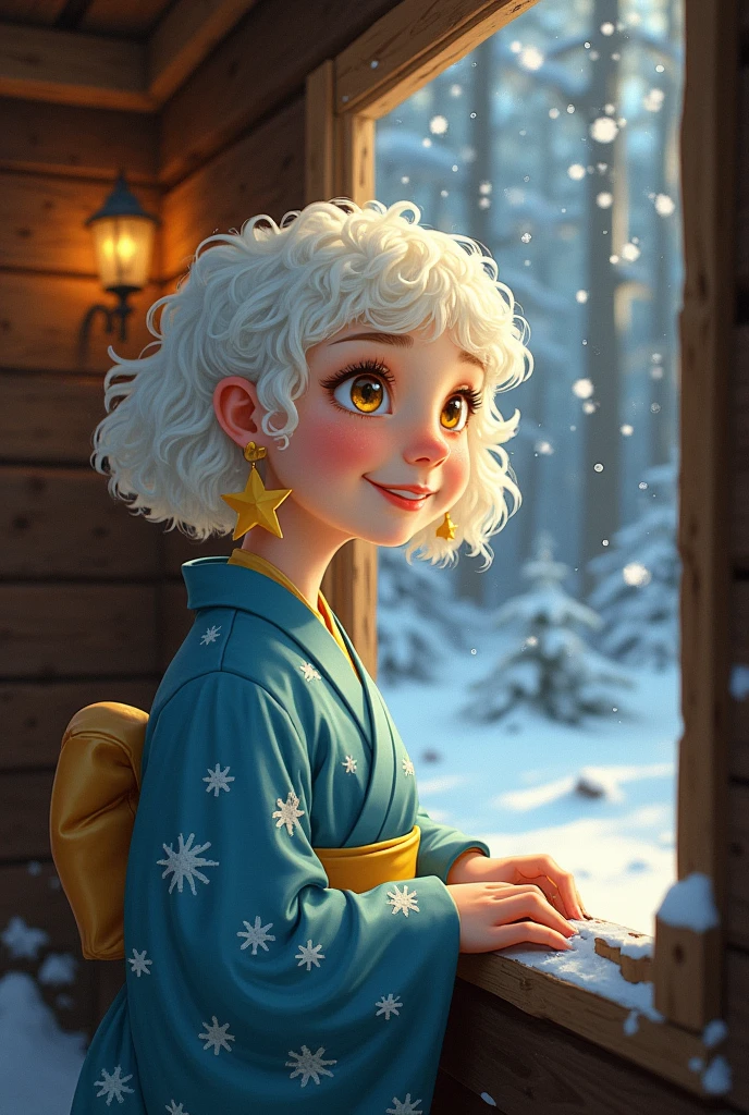 Screenshot from the anime kimetsu no yaiba, Pale skinned girl, short curly white hair, yellow eyes, star earrings, blue kimono with white stars, happy in a cabin 