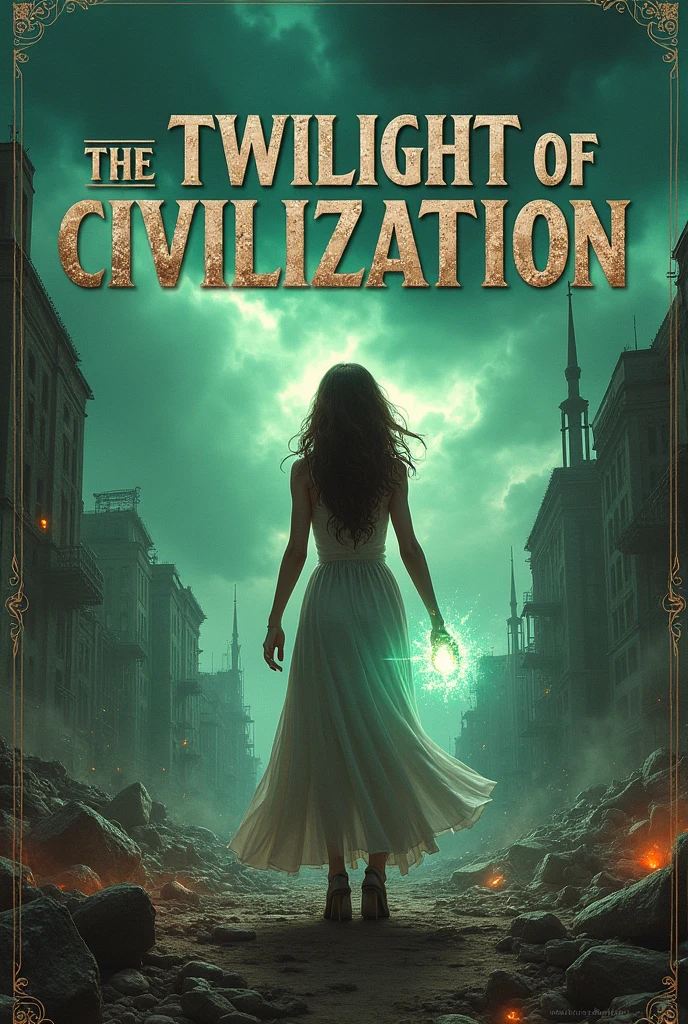 Cover of the post-apocalyptic book titled &#39;The Twilight of Civilization&#39;. The scene shows a young brunette with her back to the viewer., facing a ruined city with crumbling buildings and rubble scattered across a desolate landscape. She uses a mix of futuristic elements. In your hand, she channels magical energy without a staff, creating a glowing aura around your hand. Dark storm clouds gather above, with a faint and mysterious greenish glow, suggesting the presence of magic. The title &#39;The Twilight of Civilization&#39; is written in bold, letters with worn texture