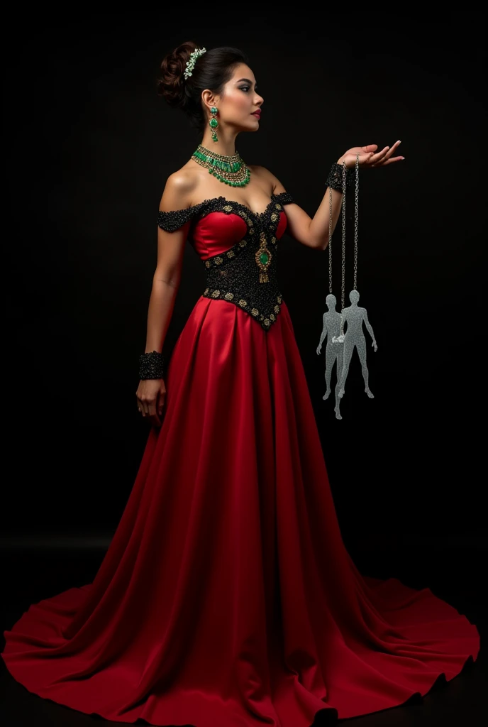 a woman in a long dress, the train of this dress is 4 times bigger than itself. dress is red with black details. emerald jewelry, gold. in his hand a chain that holds 3 souls, which will be created as an outline of a human with a black background.