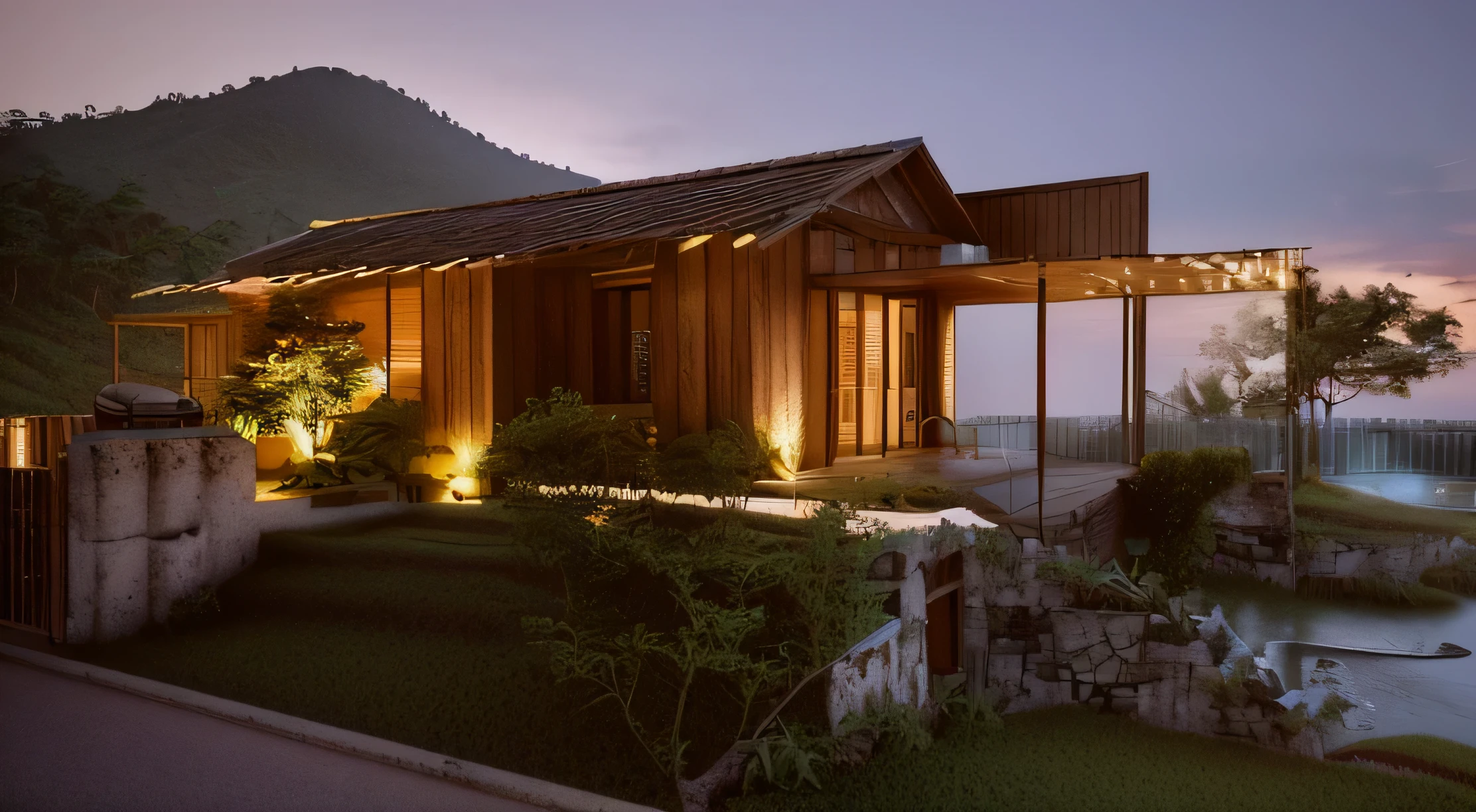 A small rustic-style house in Ninh Thuận, Vietnam, situated on a sloping hillside. It has clay walls, a spacious balcony made from oldwood, a small wooden roof, and large glass doors. The house is surrounded by rocky mountains and overlooks the sea, bathed in daylight, photo, 3d render
