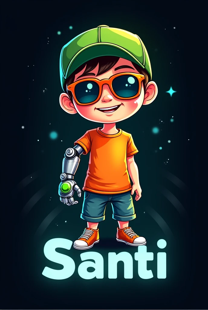 It has a logo with a child with a robot arm, a green cap and an orange t-shirt with sunglasses and the name Santi below and a futuristic dark background.