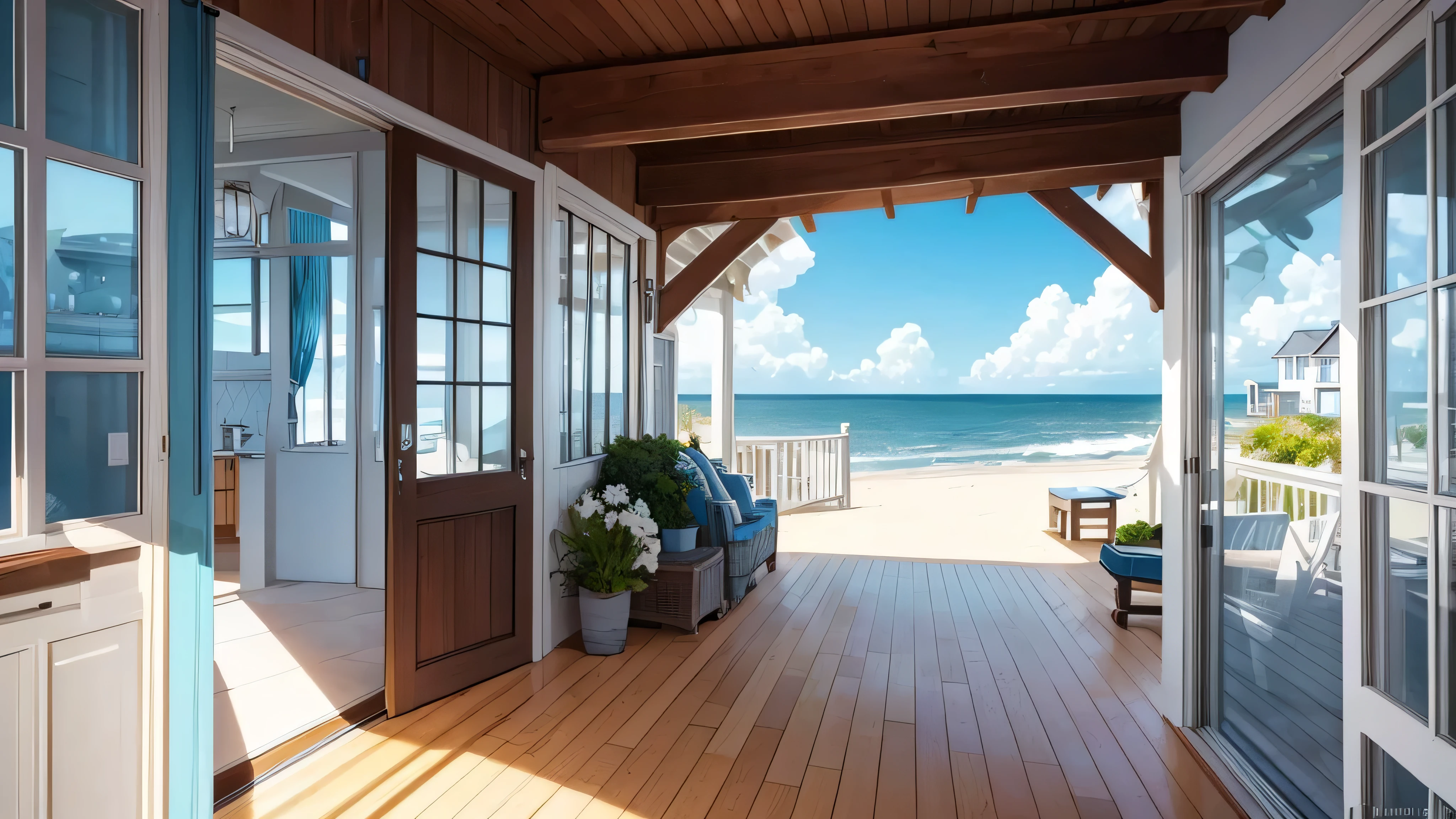 A picturesque seaside house background featuring a charming home located right on the beach. The house has large windows offering a stunning view of the ocean, with a cozy, welcoming exterior. Surrounding the house are sandy beaches and gentle waves, with a clear blue sky and perhaps a few seagulls flying overhead. The scene is serene and relaxing, capturing the essence of coastal living