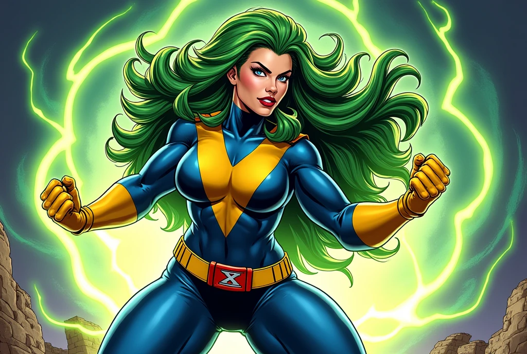 Lorna Dane, polaris x-men, (spritesheet 4 frames of a punch:1.6), (busty and voluptuous body) , (green thick wavy long hair:1.4), (huge breast:1.6), wearing a blue costume, big yellow in the chest and stomach, with yellow xmen belt, yellow glowes, yellow boots, (screenshot of a beat em up videogame), (she's surrounded by a green energy:1.5), (comic style:1.4)