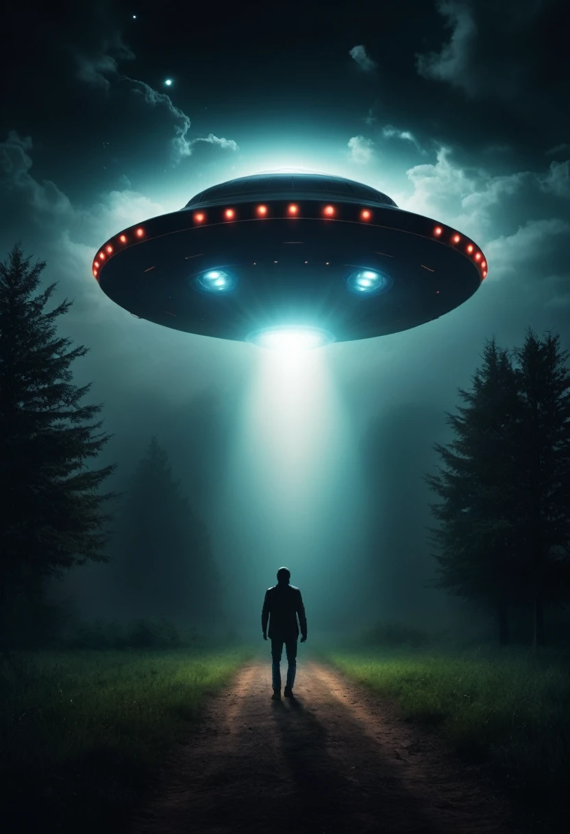 A man abduced by an UFO, dark scene