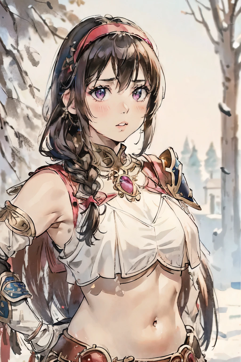 lapis fe, 1girl, solo, looking at viewer, blush, bangs, gloves, upper body, braid, hairband, outdoors, parted lips, sky, day, hand up, pink eyes, armor, tree, covered navel, blurry background, hand on own chest, shoulder armor, side braid, breastplate, red armor