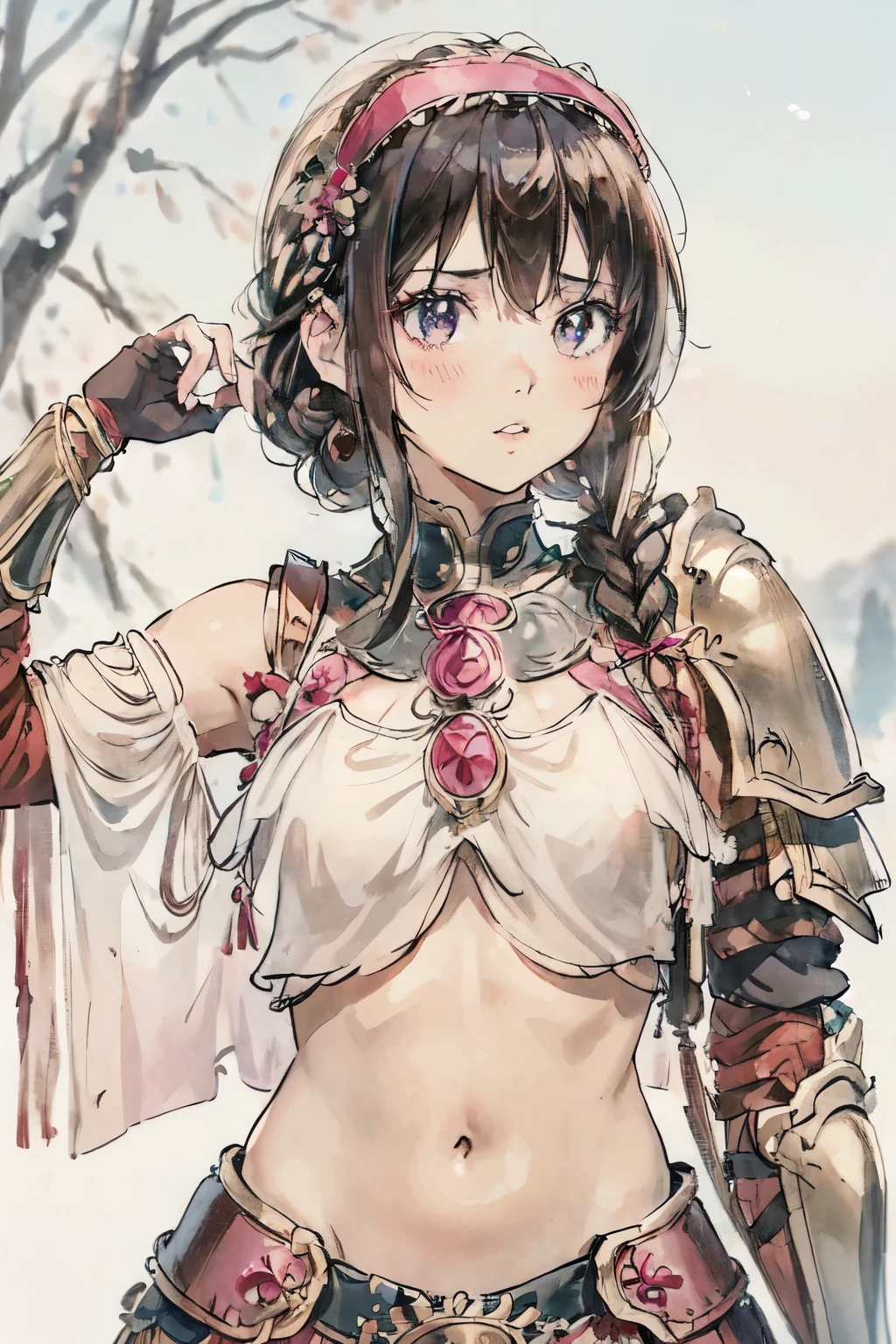 lapis fe, 1girl, solo, looking at viewer, blush, bangs, gloves, upper body, braid, hairband, outdoors, parted lips, sky, day, hand up, pink eyes, armor, tree, covered navel, blurry background, hand on own chest, shoulder armor, side braid, breastplate, red armor