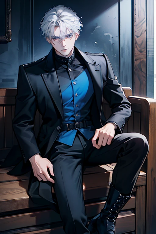 Young Man with Gray Hair: Long hair, Gray-haired, that he often wears loose, falling in messy strands to his shoulders. This style gives him a mysterious and wild air.
eyes: His original eye color is a deep red, but to hide his identity, he wears blue contact lenses. These artificial blue eyes, along with his gray hair, give him an imposing and calculating look.
fur: His skin has darkened slightly over the years due to constant sun exposure and the harsh living conditions on the streets, giving him a tanned hue.
CLOTHES: He prefers to dress practically and in dark colors, like worn leather jackets, black shirts and boots. His style reflects both his tough life and his readiness for combat.
Distinctive Details: A small scar above his left eyebrow and a silver chain around his neck that belonged to his father. His combination of gray hair, blue eyes and tanned skin give him an imposing and unique look.