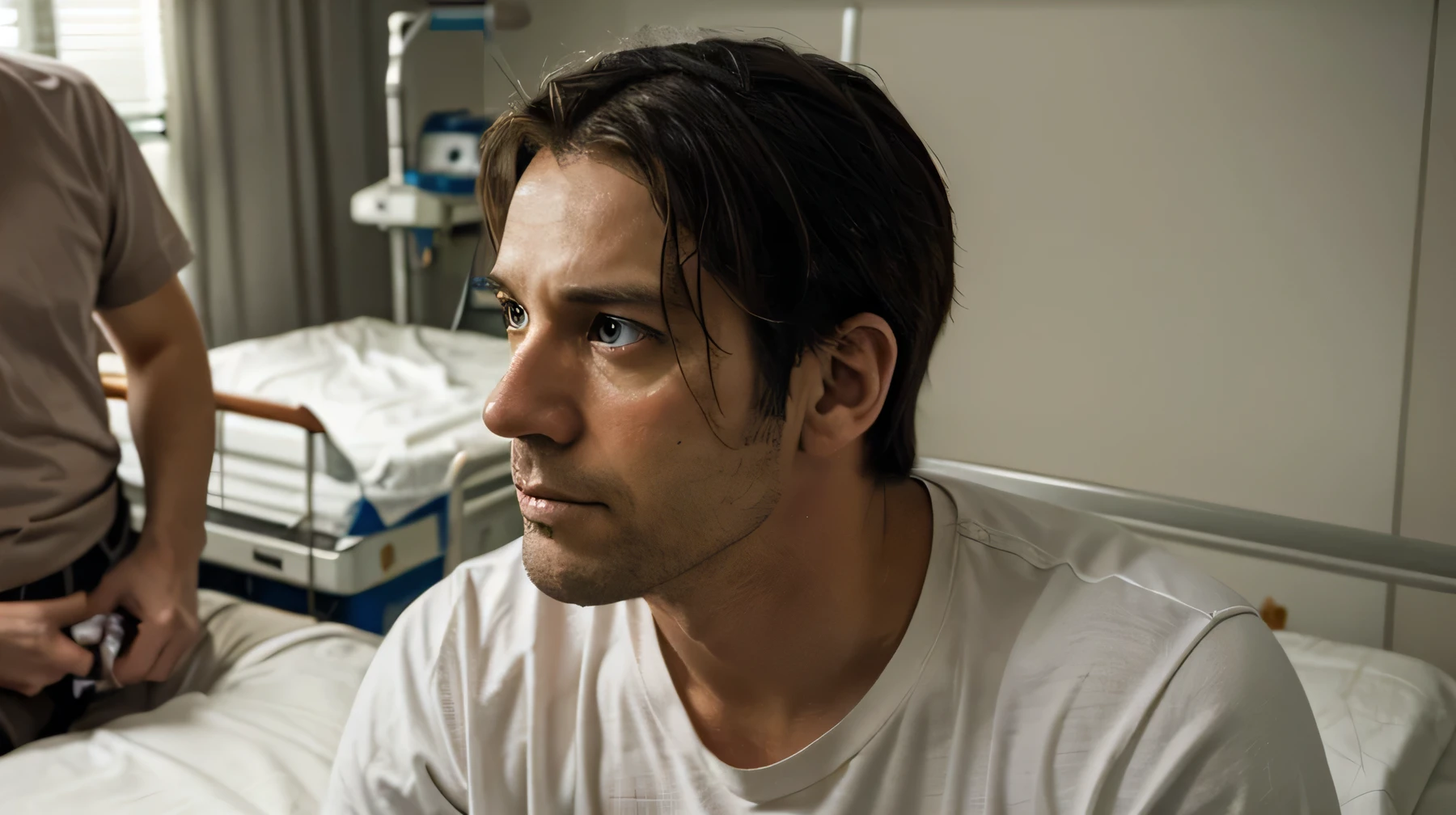 Create a picture of Jason in the hospital begging his wife Susan to bring the kids more often, but she makes excuses, looking away with a strained expression. Jason's face should reflect despair and loneliness.