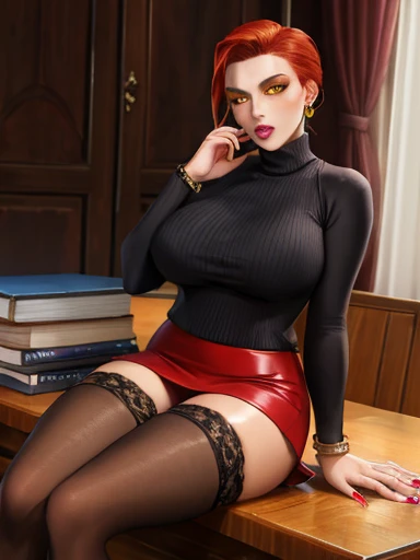 (best quality:1.4),  assumi,BREAK,(red hair:1.3),(slicked back hair:1.3),full lips, makeup, BREAK,( yellow eyes:1.4), choker, hoop rings, BREAK,(black turtleneck with long sleeve:1.3), big breasts,bracelets,(long fingernails:1.4), BREAK (leather red skirt:1.3), lace-pantyhose,high heels,sit behind desk,
 