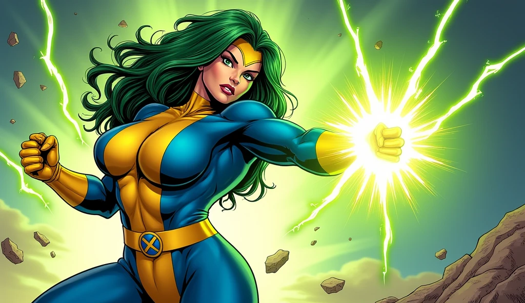 Lorna Dane, polaris x-men, (spritesheet 4 frames of a punch:1.6), (busty and voluptuous body) , (green thick wavy long hair:1.4), (huge breast:1.6), wearing a blue costume, big yellow in the chest and stomach, with yellow xmen belt, yellow glowes, yellow boots, (screenshot of a beat em up videogame), (she's surrounded by a green energy:1.5), (comic style:1.4) 