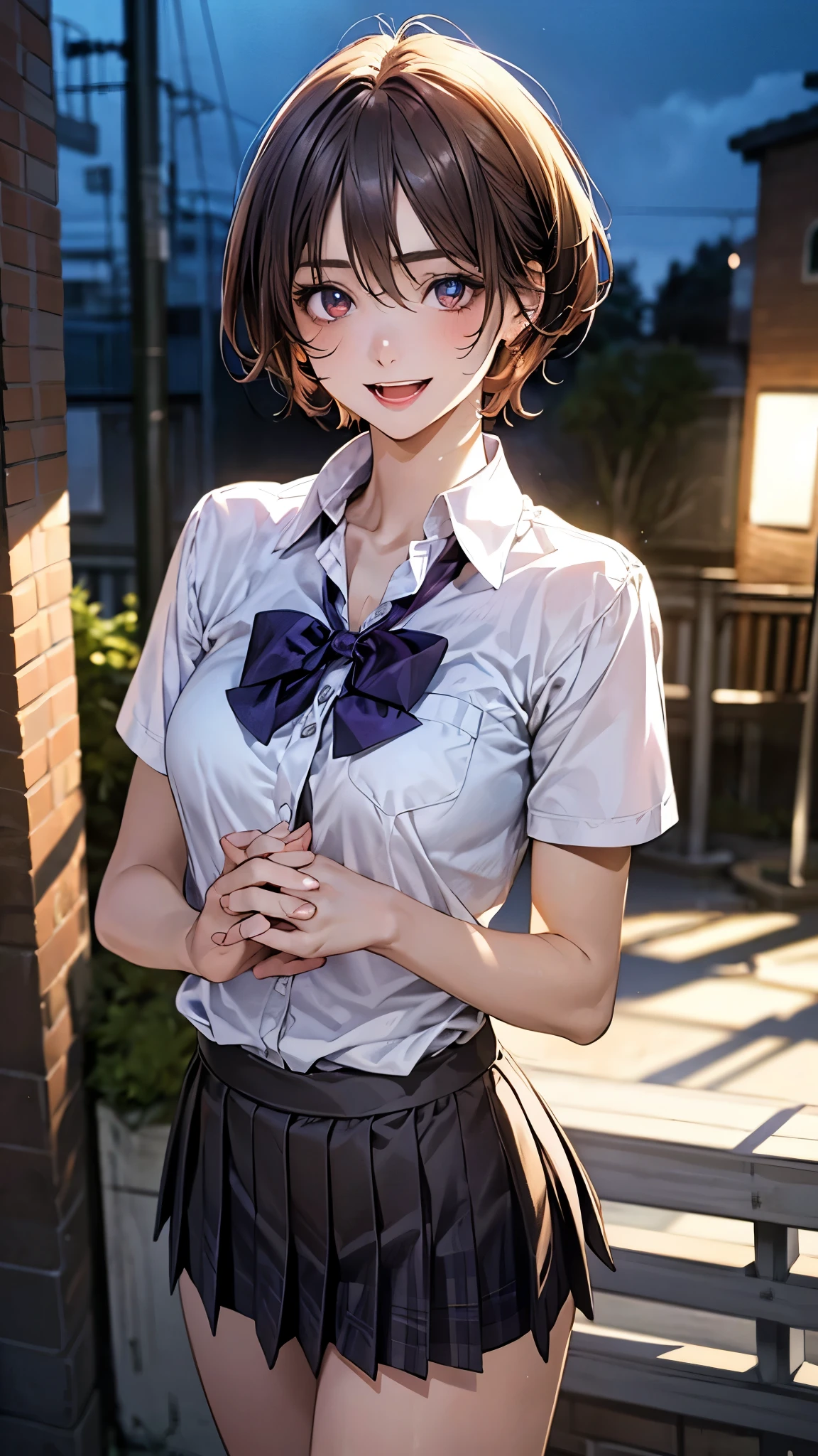 (masterpiece:1.2, highest quality), (realistic photo:1.4), beautiful illustrations, (natural side lighting, movie lighting),
beautiful hair, beautiful face, detailed and beautiful eyes, beautiful clavicle, beautiful body, beautiful breasts, beautiful thighs, beautiful feet, beautiful fingers,
looking at the viewer, 1 girl, high school girl, (perfect anatomy, anatomically correct, super detailed skin), cute symmetrical face, baby face, perfect face, perfect eyes,
(short hair, pixie cut hairstyle, red-brown hair), hair between eyes, gold eyes, big eyes, long eye lasher, (medium breasts, seductive thighs), perfect body, shiny skin, slender,
(detailed cloth texture, break short sleeve grey collared shirt, break dark purple pleated skirt, dark purple bow tie), break
(beautiful scenery), night, (school yard;1.2), standing, break (own hands together), break (happy smile, open mouth, feeling of satisfaction),