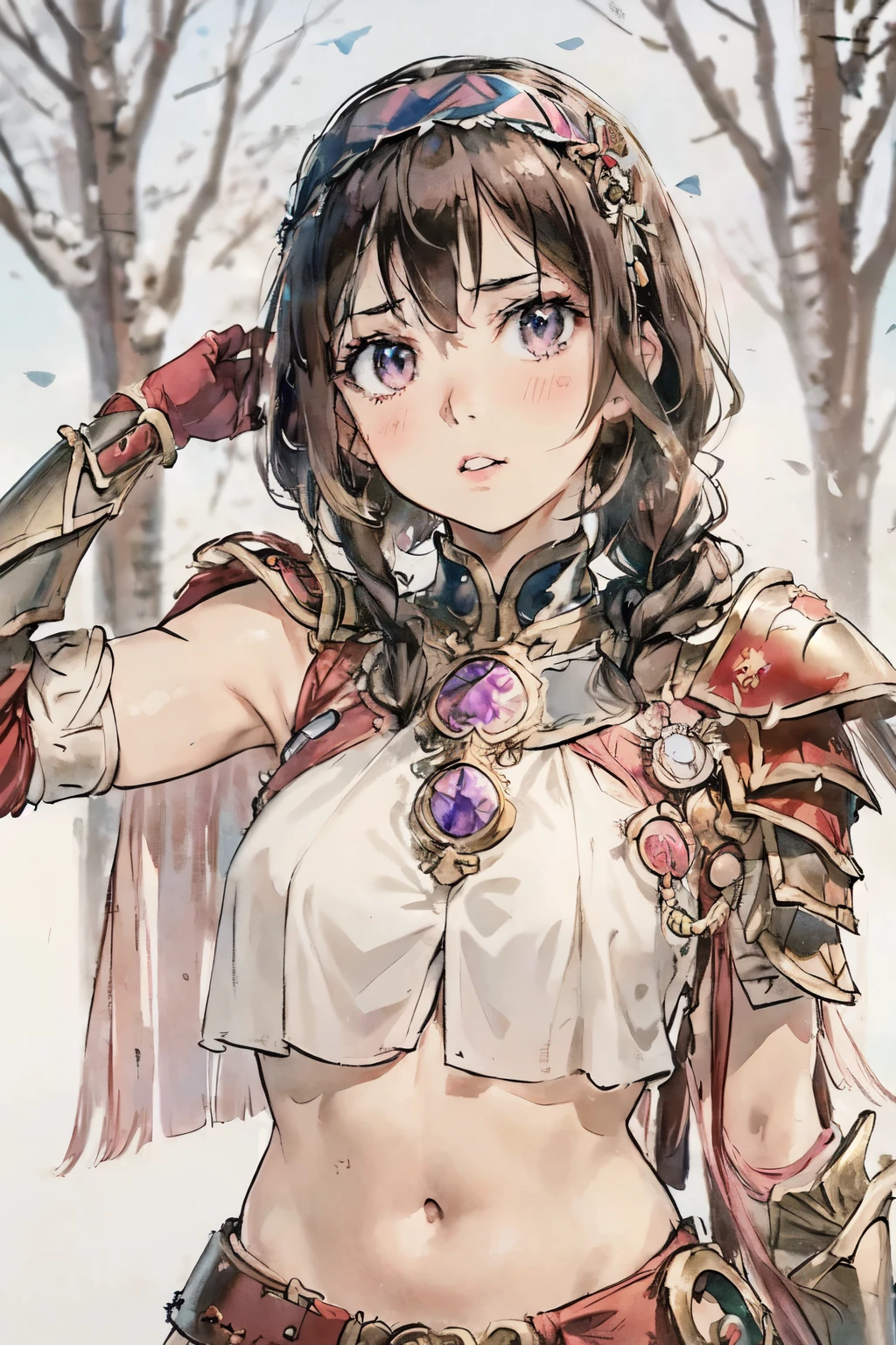 lapis fe, 1girl, solo, looking at viewer, blush, bangs, gloves, upper body, braid, hairband, outdoors, parted lips, sky, day, hand up, pink eyes, armor, tree, covered navel, blurry background, hand on own chest, shoulder armor, side braid, breastplate, red armor