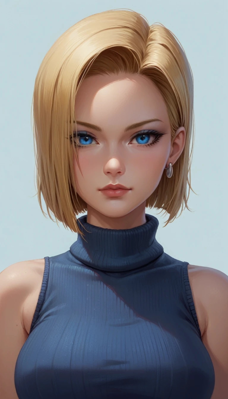 score_9, score_8_up, score_7_up, 1girl, solo, looking at viewer, short hair, blue eyes, blonde hair, simple background, jewelry, closed mouth, earrings, sleeveless, hair over one eye, sweater, lips, makeup, turtleneck, portrait, realistic, nose, android 18,
