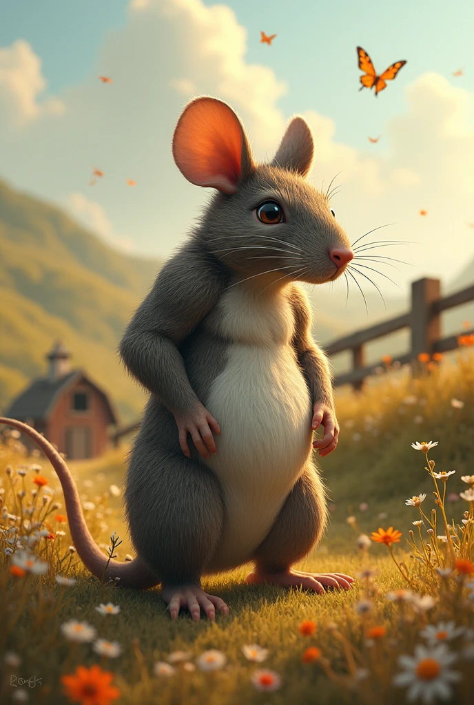 An extremely muscular rat in a nostalgic landscape