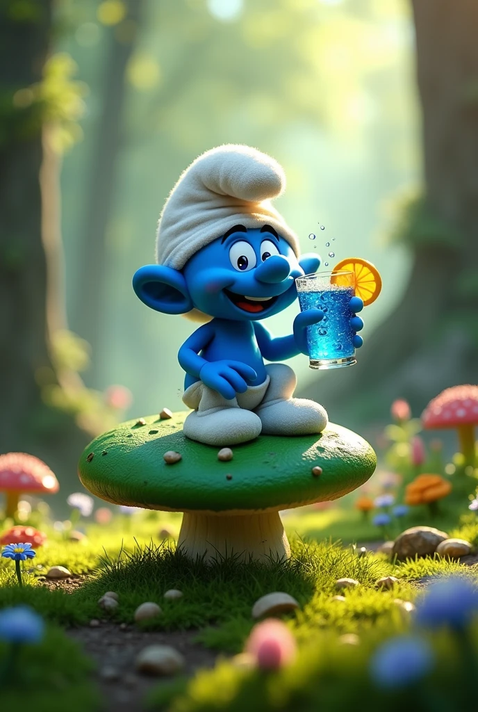 A Smurf drinking a blue drink