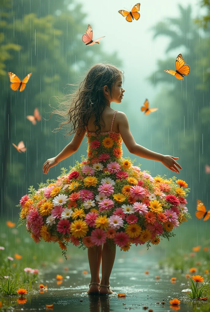 A girl made with flowers dancing in the rain with butterfly and birds