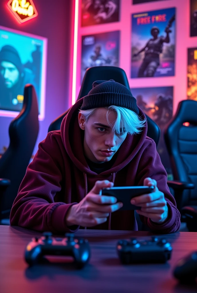 A young man with a cap on his head and white hair playing Free Fire on his cell phone