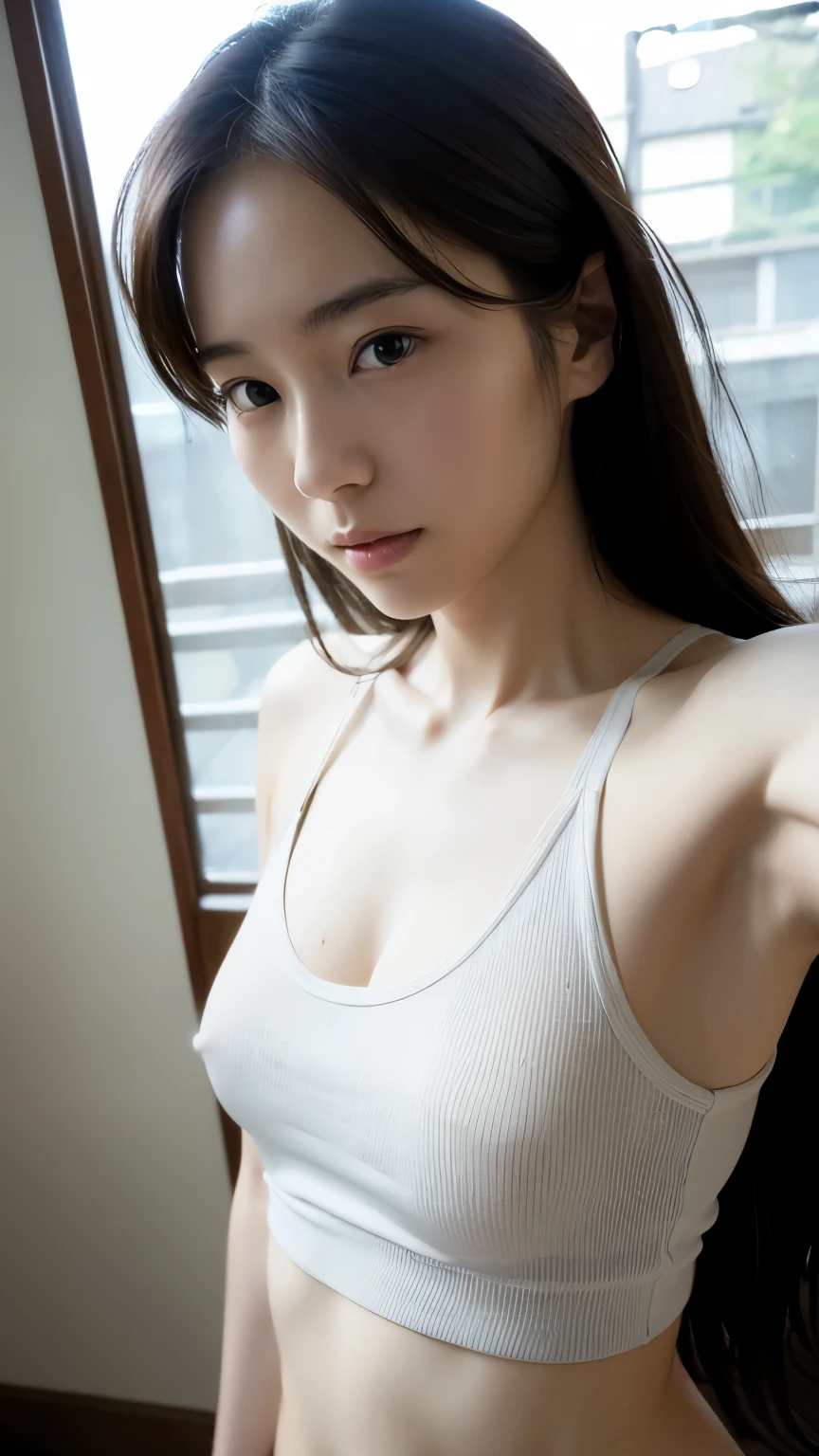 Highest quality realistic photos, 30 year old Japanese woman, She has a beautiful face and long hair., Very small breasts, Very lean body, Tank top, Selfie