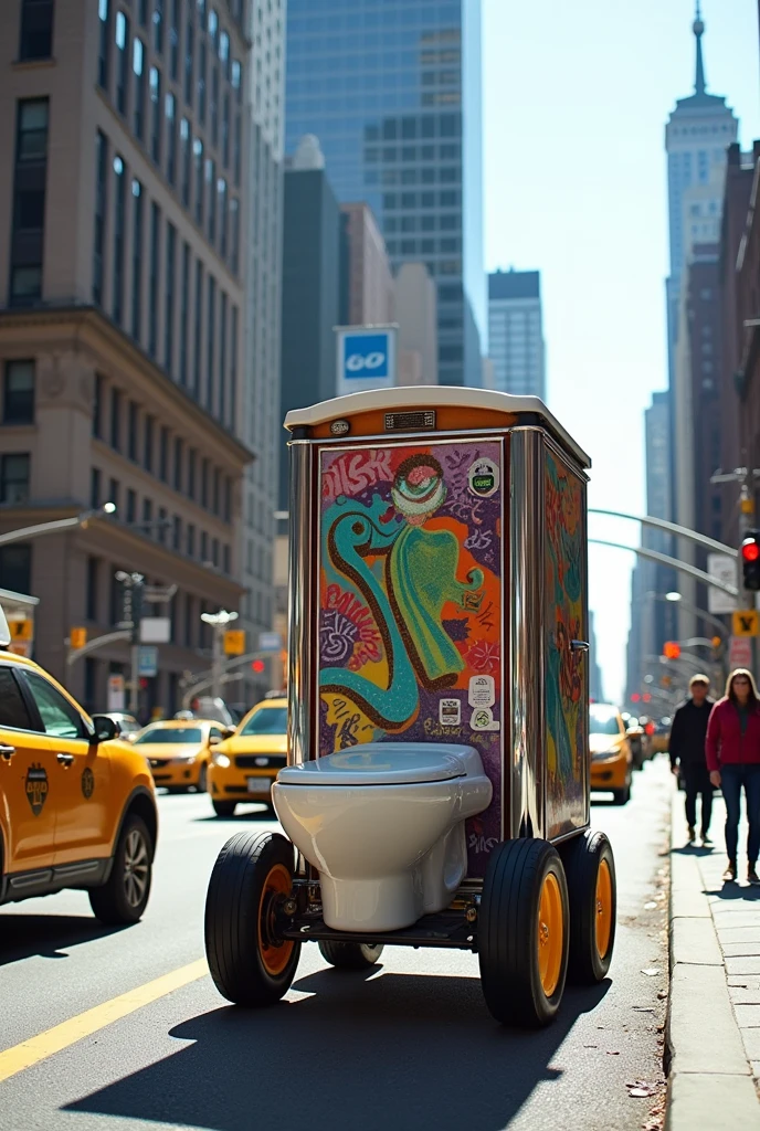 Toilet with four wheels, in a street of new york