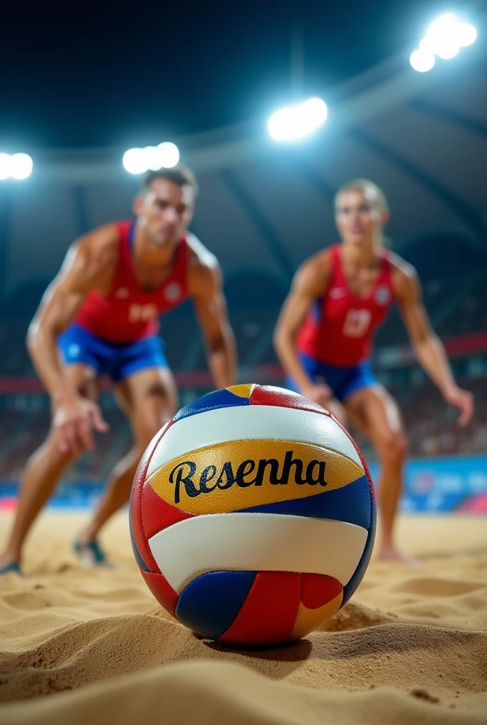 Beach volleyball. The ball is in front, male and female players behind. The players are at the Olympics. It's night and they're in uniform, the brand of the ball is Resenha. The image focuses on the ball and the Resenha brand.. This review is written in gold..