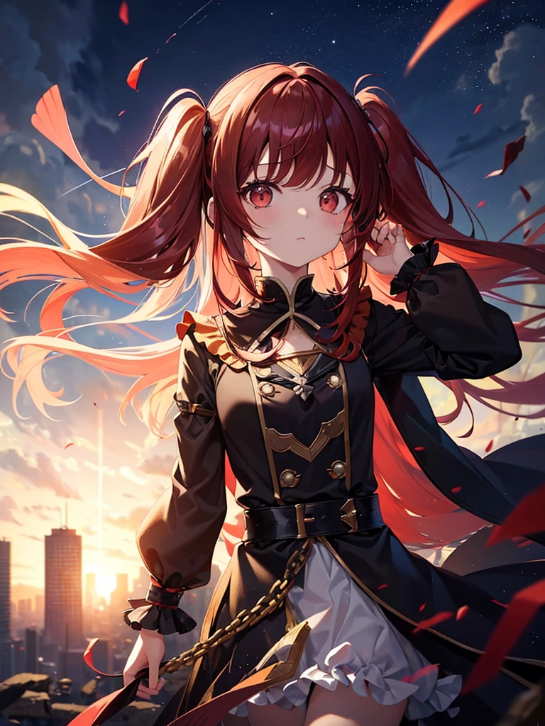 One person, Long Hair, bangs, Patsun,重めbangs,Twin tails,
The chest is a little,Red Hair,magic少女,Ruined Building Background,Dark Sky,Voluminous frilled clothing,Decoration on hair,magic,Overall dark impression,force,Disheveled Hair,No light,
Overlooking, 