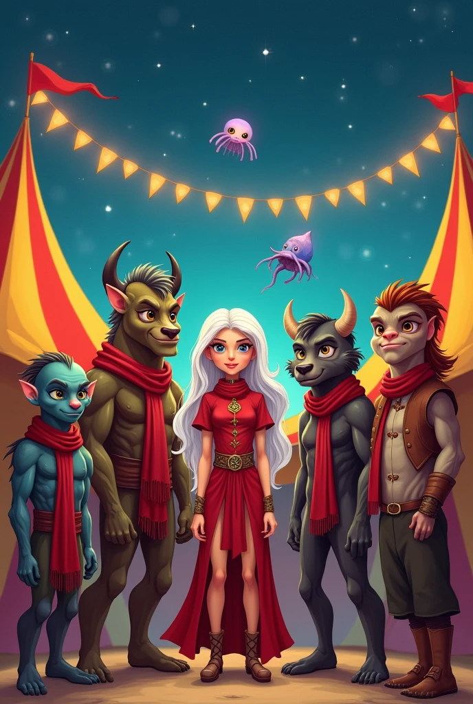Create an image to use in the T20 RPG, where there is a circus troupe, with various races from the world of Arton: um elfo, a minotaur, A jellyfish, a hyena, A golem, a trog and a kliren. All side by side and in the center of the image a Qareen with white hair. They all wear a red scarf or neckerchief. style cartoon, medieval era