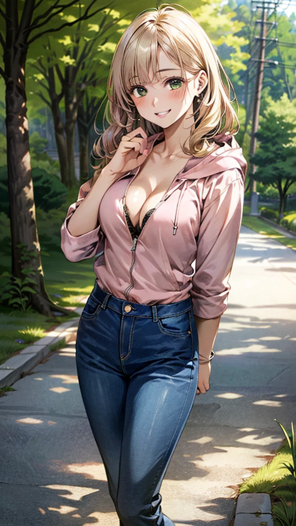 (masterpiece:1.2, top-quality), (realistic, photorealistic:1.4), beautiful illustration, (natural side lighting, movie lighting), ,
beautiful hair, beautiful face, beautiful detailed eyes, beautiful clavicle, beautiful body, beautiful chest, big breasts, enhance breasts, beautiful thigh, beautiful legs, beautiful hands,
looking at viewer, full body, front view, 1 girl, 16years old, japanese, perfect face, perfect anatomy:1.3, cute and symmetrical face, shiny skin, cleavage, hold boobs,
(middle hair:1.8, wavy hair, (blond hair)), asymmetrical bangs, dark green eyes, long eye lasher, (large breasts:1.6, thin waist, thick thighs),
((gray zip up hoodie hood:1.8, salmon pink shirt, blue denim ssort pants)), grin face,
(beautiful scenery), morning, (village, trees), standing, (seductive smile),
