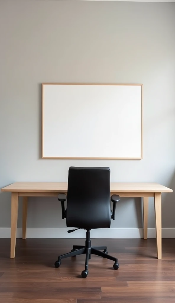 Create an image of a minimalist office room. The scene should include a light wood table, positioned in the center of the room, with a black and ergonomic office chair facing. The table must be clear, no objects or papers on top. At the back of the room, there must be a white notice board, fixed to the wall, and without any notes or content. The room should have walls in a neutral tone., like light gray or white, and the floor can be dark wood or carpet in a sober tone. Lighting should be soft and uniform, with a sense of clarity and order.