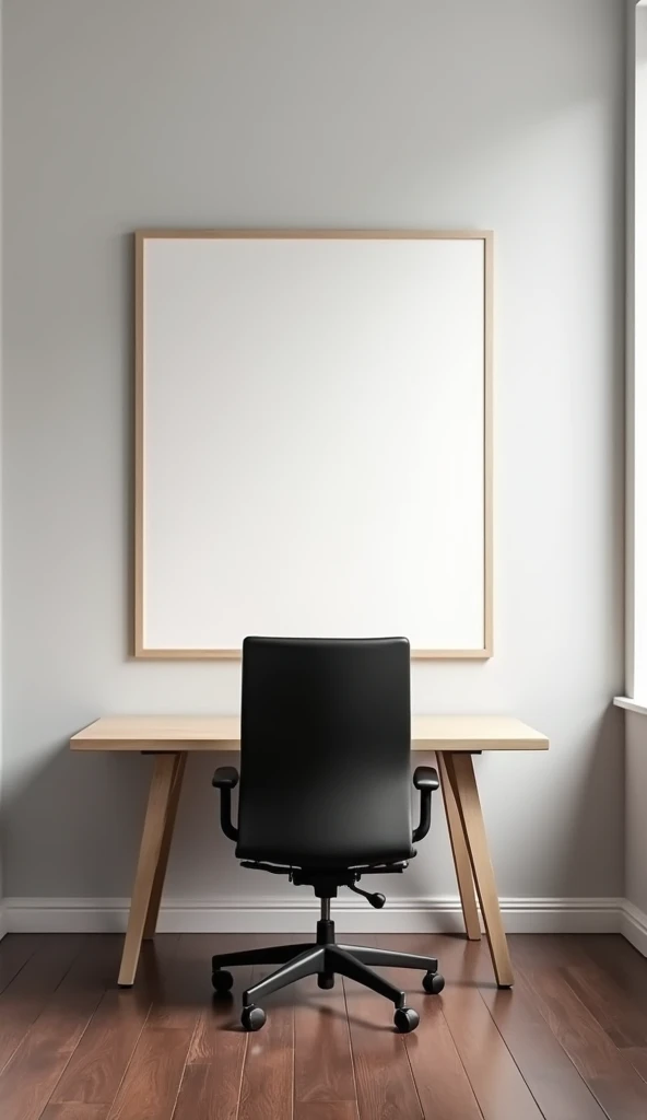 Create an image of a minimalist office room. The scene should include a light wood table, positioned in the center of the room, with a black and ergonomic office chair facing. The table must be clear, no objects or papers on top. At the back of the room, there must be a white notice board, fixed to the wall, and without any notes or content. The room should have walls in a neutral tone., like light gray or white, and the floor can be dark wood or carpet in a sober tone. Lighting should be soft and uniform, with a sense of clarity and order.