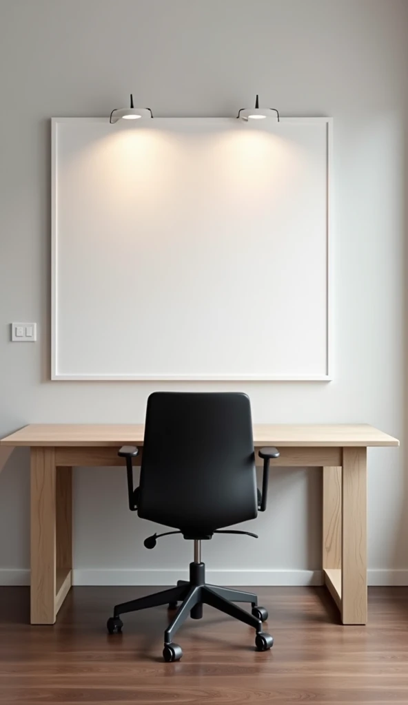 Create an image of a minimalist office room. The scene should include a light wood table, positioned in the center of the room, with a black and ergonomic office chair facing. The table must be clear, no objects or papers on top. At the back of the room, there must be a white notice board, fixed to the wall, and without any notes or content. The room should have walls in a neutral tone., like light gray or white, and the floor can be dark wood or carpet in a sober tone. Lighting should be soft and uniform, with a sense of clarity and order.