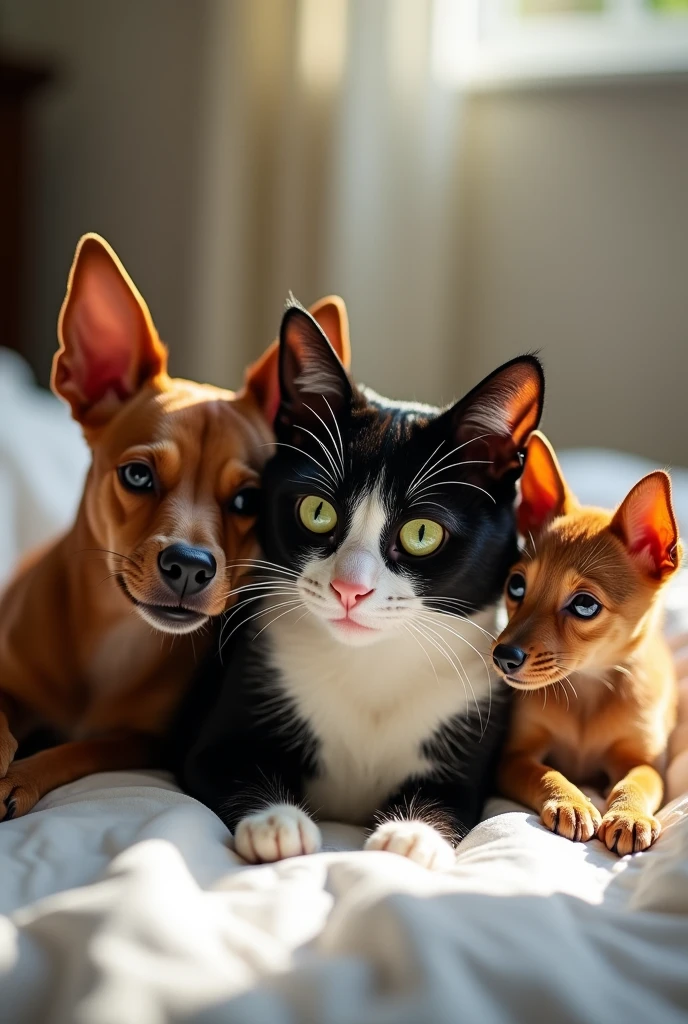 I want a black and white cat with a black nose and green eyes, and together there is a brown Pincher with some white hairs and a short, chubby caramel dog with pointed ears. They are on the bed, two dogs and the cat.
