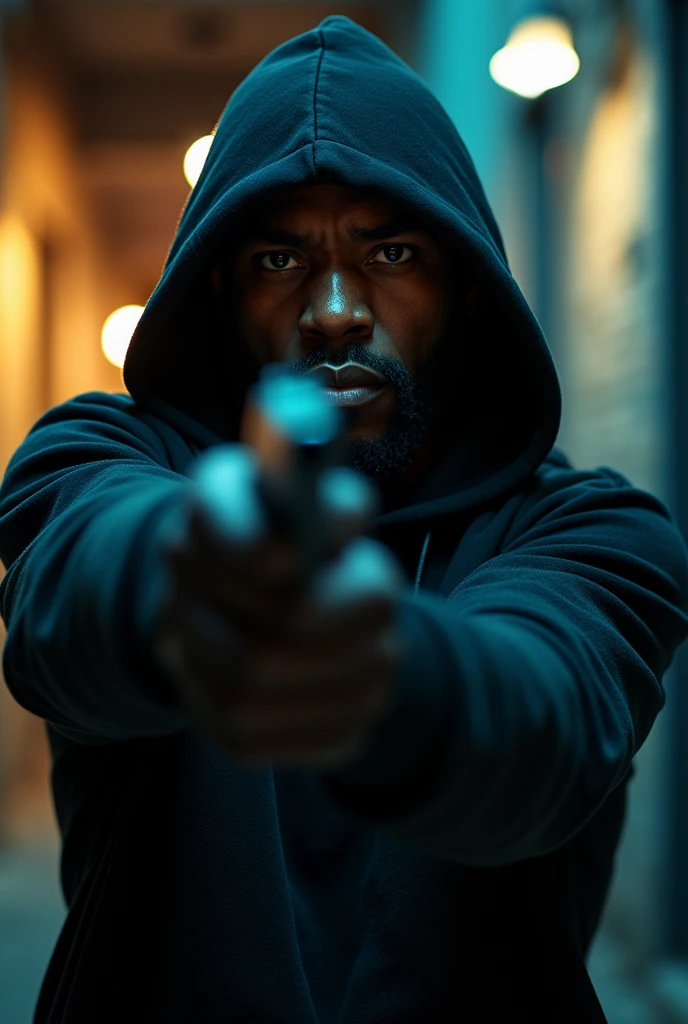 An black American burglar holding a pistol, handgun, pointing forward, evil burglar, How to want, burglar hoodie, looking at the camera, horrible, look to the camera, detailded, outlet, Dramatic, Day Light, indoor studio light, medium outlet, highly detailded, burglar clothing, evil, deceitful, burglar, handgun, Vibrant, detailded texture, detailded face expression, medium outlet, whole body, ultralargo, long full outlet, whole body, realisitic, Ablaze, ultrarealisitic, realisitic focus faces, Ablaze scene, citys, 8k