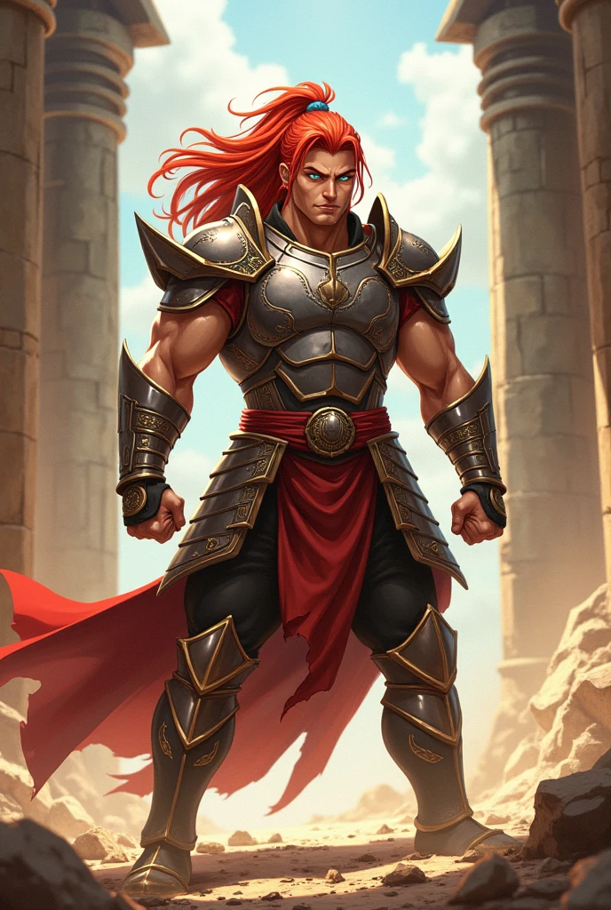 Anime character in a fighting location, he must have light eyes and red hair, wearing armor and being muscular