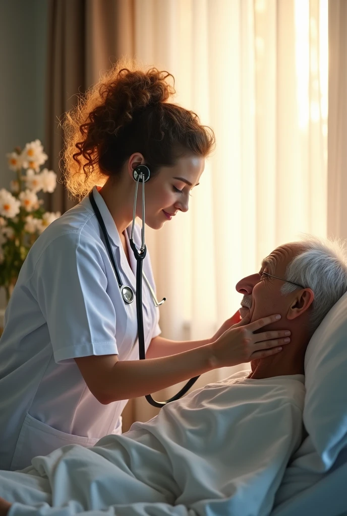 Listening to her heartbeat using a stethoscope 