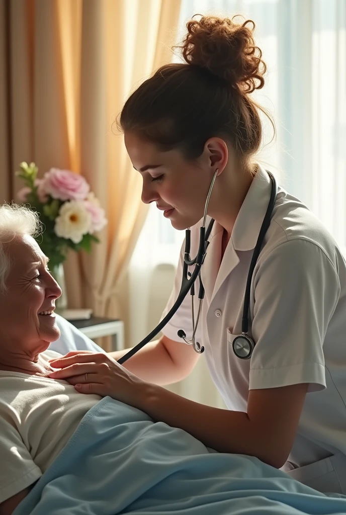 Listening to her heartbeat using a stethoscope