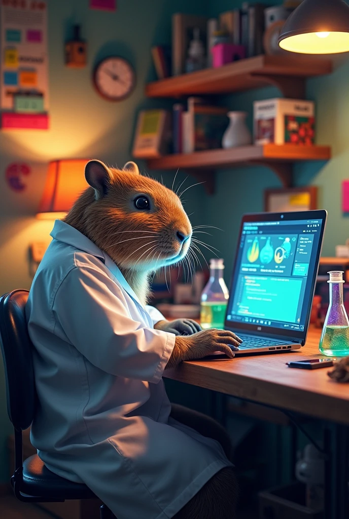 A capybara in a lab coat is programming on a laptop.