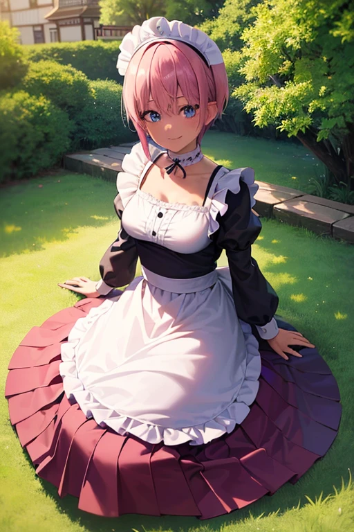 (Highest quality, 4K, 8k, High resolution, masterpiece:1.2), Very detailed, Picturesque, Anime style photo, Photo Anime:1.37)、Japanese、(Pink pixie cut)、smile、Black choker、Maid clothes、White Maid Cap、whole body、Nakano Ichika