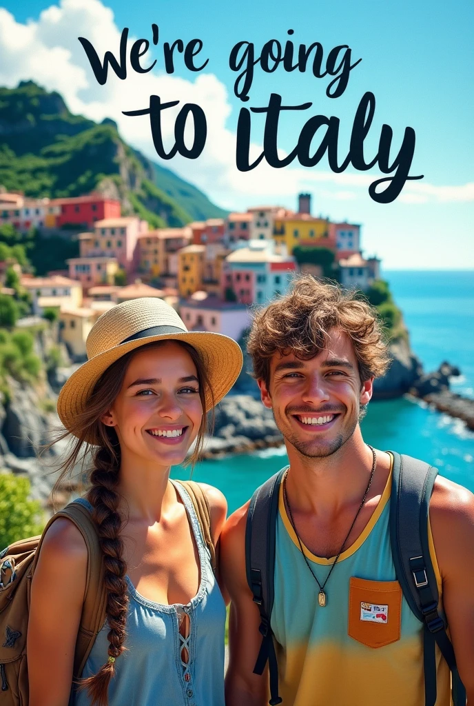 A Cinque Terre postcard that says “We're going to Italy” for two young adult backpacker siblings, a man and a woman. 