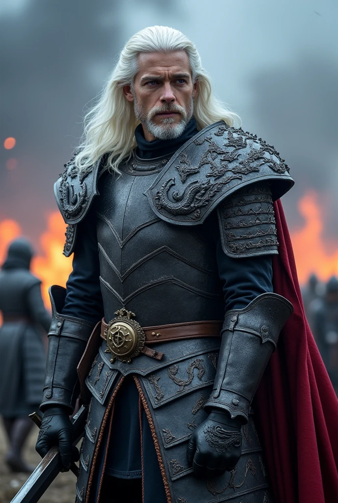 Create a character from the Targaryen series using an image of actor Chris Evans as a young man of about 17. He should have white hair, purple eyes, be muscular, wearing armor and a sword. The image should depict him as a young man with a beard, and he should resemble Chris Evans. Postscript: Please make him look young.