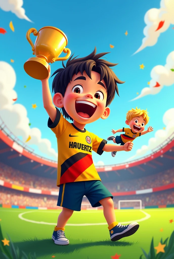 A big, dark-haired boy with short hair and a Havertz shirt, very happy because he wins a cup and so decides to throw another very small blonde boy into a cartoon version of a soccer field
