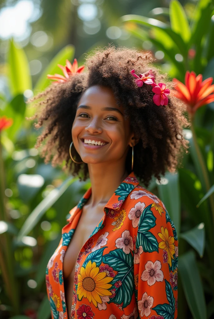 A Brazilian woman in a lush tropical garden, wearing an open shirt with a floral print, with a close-up capturing the harmonious beauty between her breasts and the natural flowers, showing off your natural charm and outgoing personality.