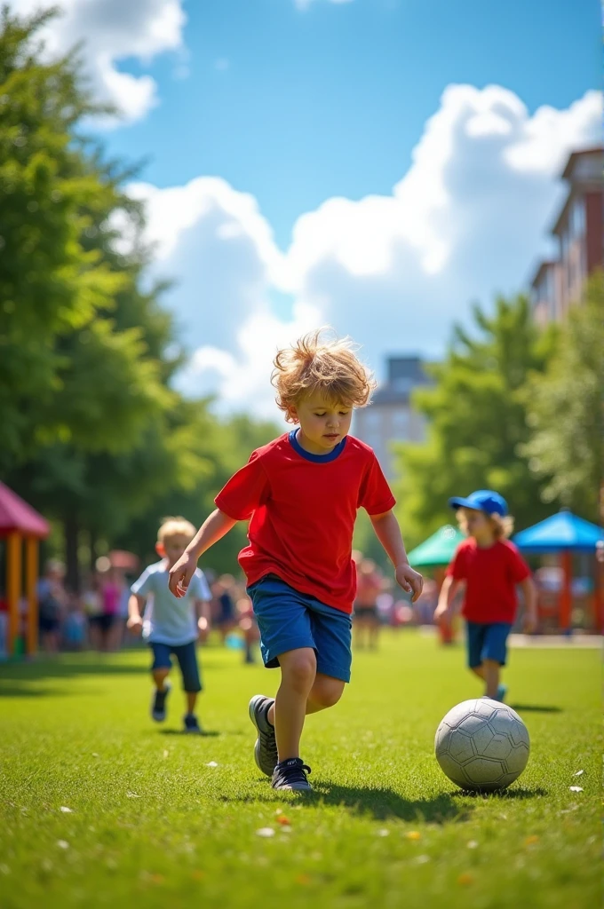 A boy kicks a child while playing football.