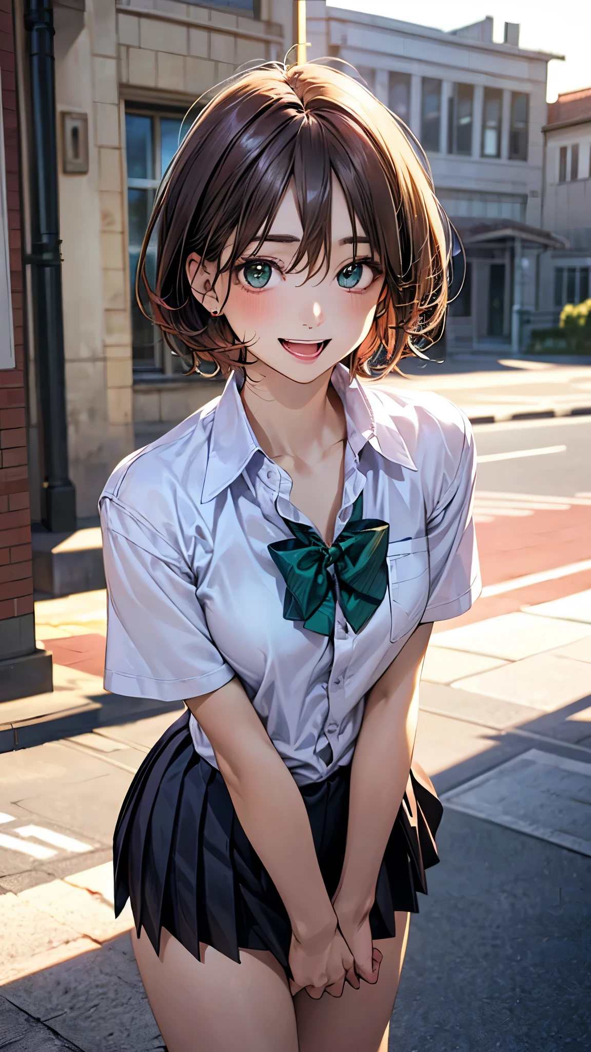 (masterpiece:1.2, highest quality), (realistic photo:1.4), beautiful illustrations, (natural side lighting, movie lighting), 
beautiful hair, beautiful face, detailed and beautiful eyes, beautiful clavicle, beautiful body, beautiful breasts, beautiful thighs, beautiful feet, beautiful fingers, 
looking at the viewer, 1 girl, high school girl, (perfect ???????, anatomically correct, super detailed skin), cute symmetrical face, baby face, perfect face, perfect eyes, slender, 
(short hair, pixie cut hairstyle, red-brown hair), hair between eyes, emerald green eyes, big eyes, slant eyes, long eye lasher, (medium breasts, seductive thighs), perfect body, shiny skin, 
(detailed cloth texture, break short sleeve grey collared shirt, break dark purple pleated skirt, dark purple bow tie), break 
(beautiful scenery), night, (school yard;1.2), standing, break (own hands together), break (happy smile, open mouth, feeling of satisfaction), 